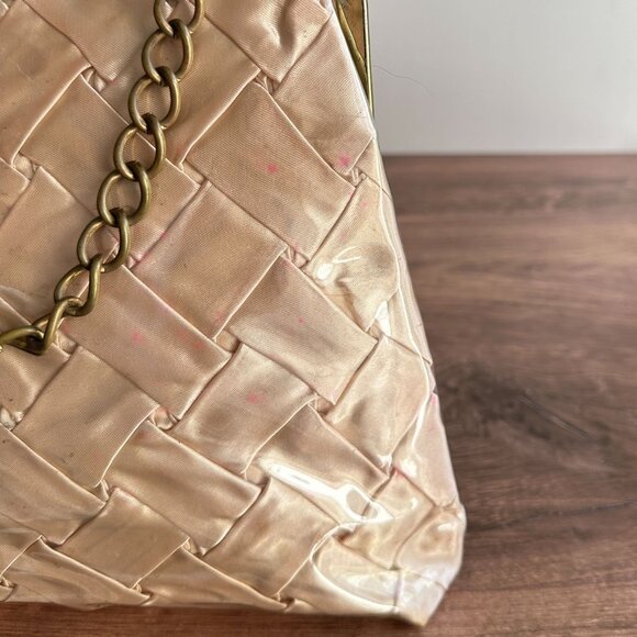 Vintage 1950s Woven Satin Handbag With Vinyl Overlay Chain Handle Gold - Picture 10 of 14